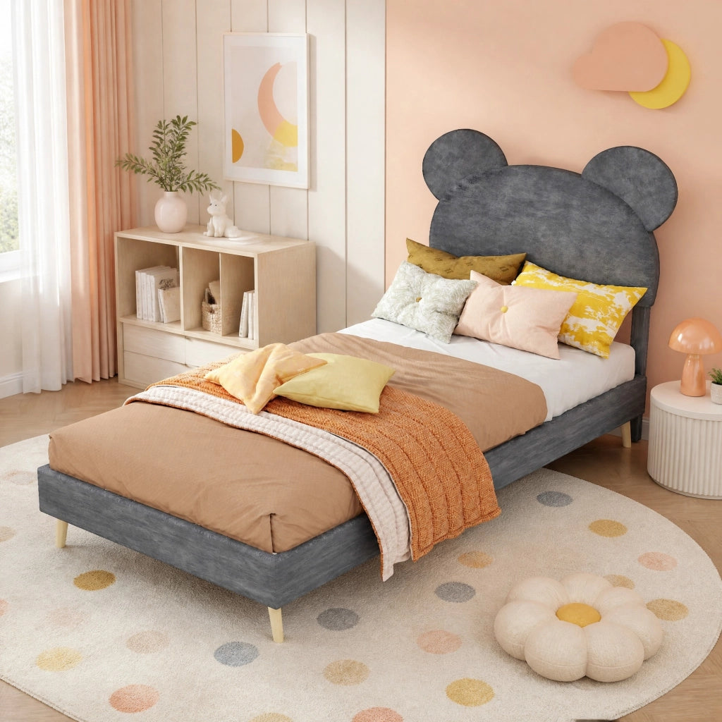 DESMIU Letto per bambini 90 × 200 cm con testiera cartoon, vano pneumatico, senza materasso, grigio