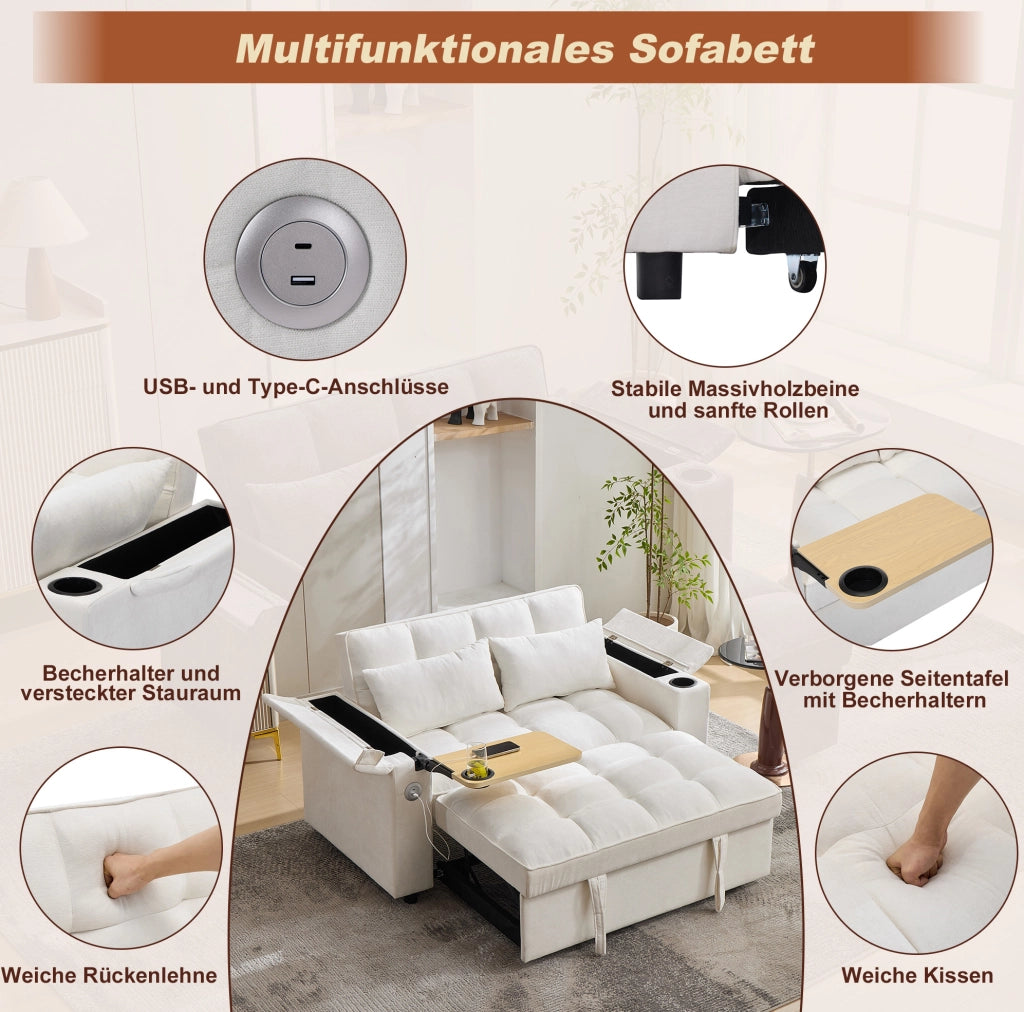 Divano letto pieghevole beige con USB, Type-C e tavolino