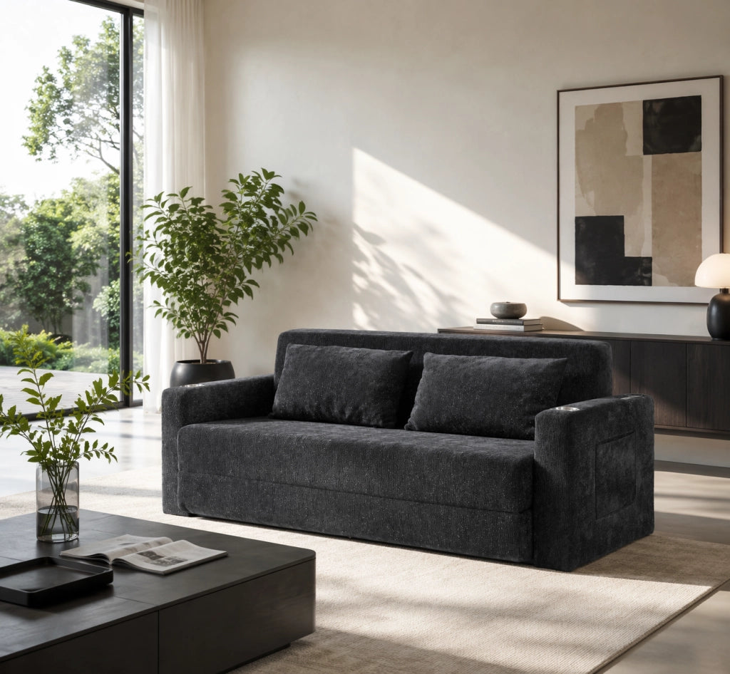 Divano letto 2 posti con funzione letto, porte USB, portabicchieri e tasche laterali in ciniglia nero e grigio