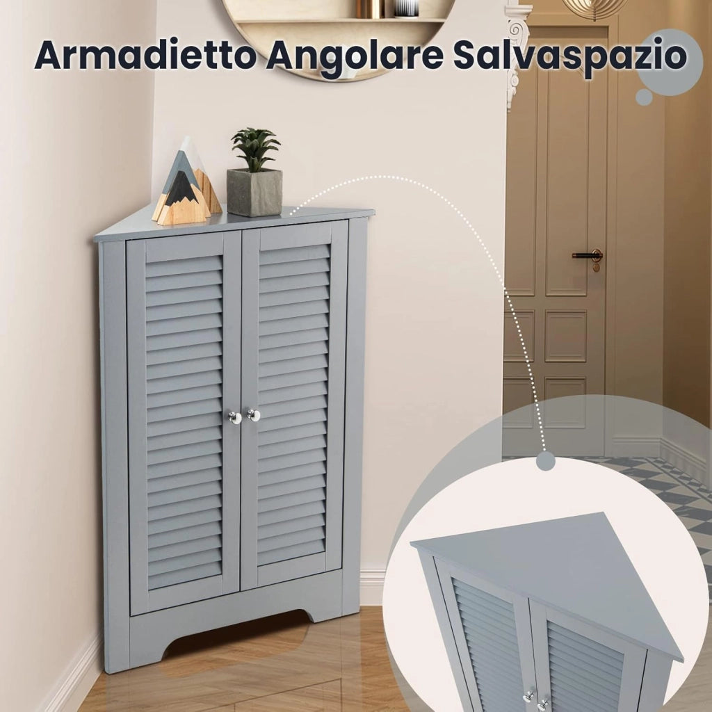 Mobile Angolare, Armadietto ad Angolo con 3 Livelli Ripiani, con 2 Ante e Ripiano Regolabile in Altezza, per Bagno, Ingresso, Soggiorno, Camera da Letto (Grigio)