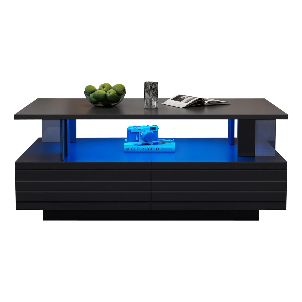 Tavolino da salotto LED nero con doppio piano, cassetti e controllo app