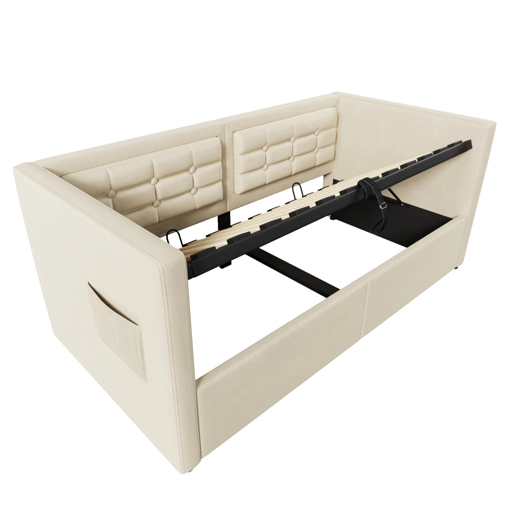Letto a Divanetto 90 x 200 cm; Letto Singolo - Contenitore; USB e Type-C - Beige