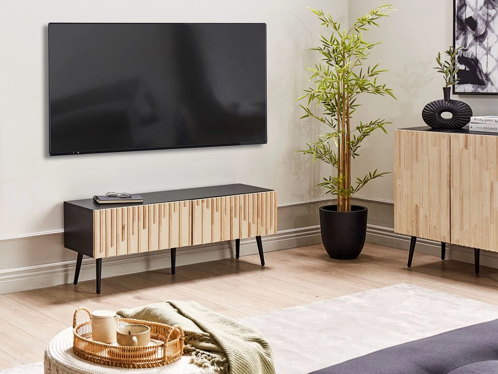 Supporto TV Struttura in MDF Anta in legno massiccio Porta in legno chiaro Contenitore in ferro Gambe moderne