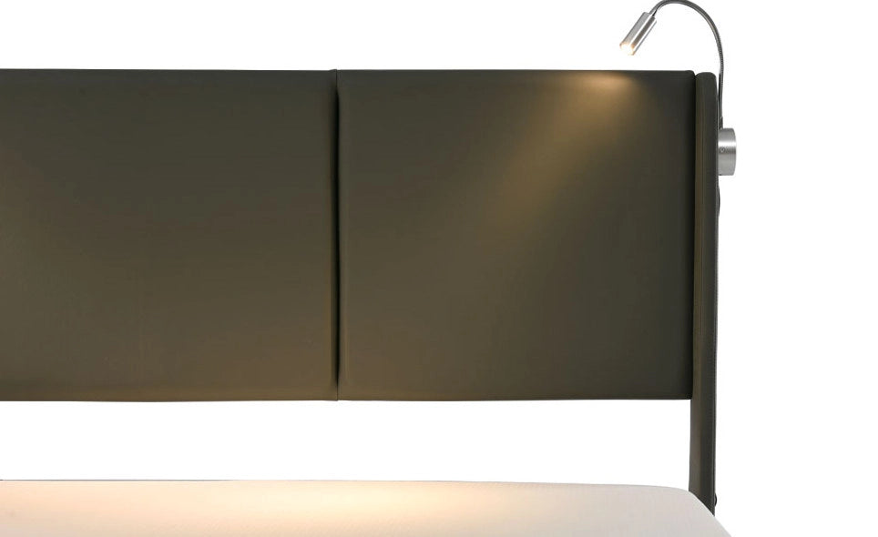 Letto matrimoniale imbottito con contenitore, luce di lettura e ricarica USB