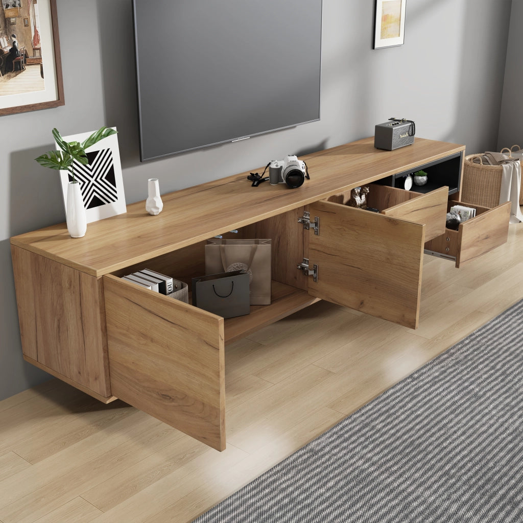 Mobile porta tv con due ante, due ripiani aperti e due cassetti diagonali in legno, 173 × 38 × 48 cm