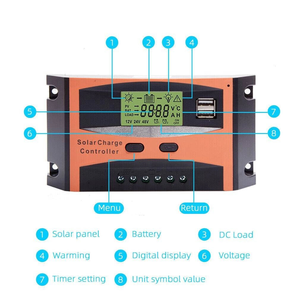 Trade Shop - Regolatore Di Carica 20 A Per Pannello Solare 12/24v Display Lcd Usb Ld2420c -