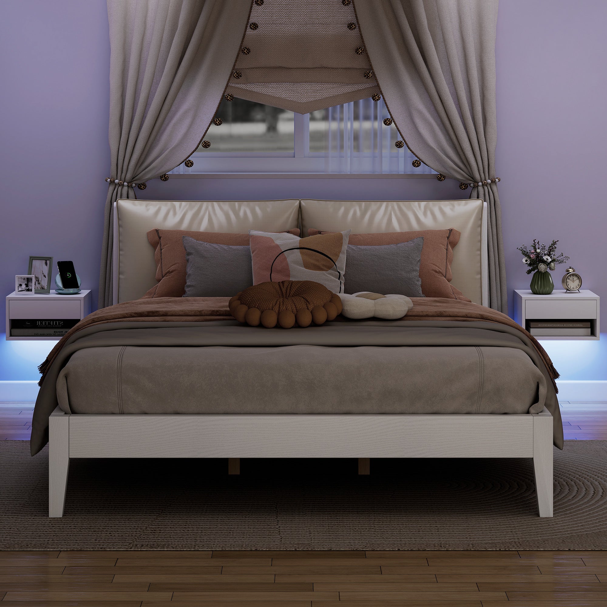 Set 2 Comodini Sospesi 37x32x21 cm con LED RGB Integrati e Regolabili con APP Cassetto e Ripiano Bianco