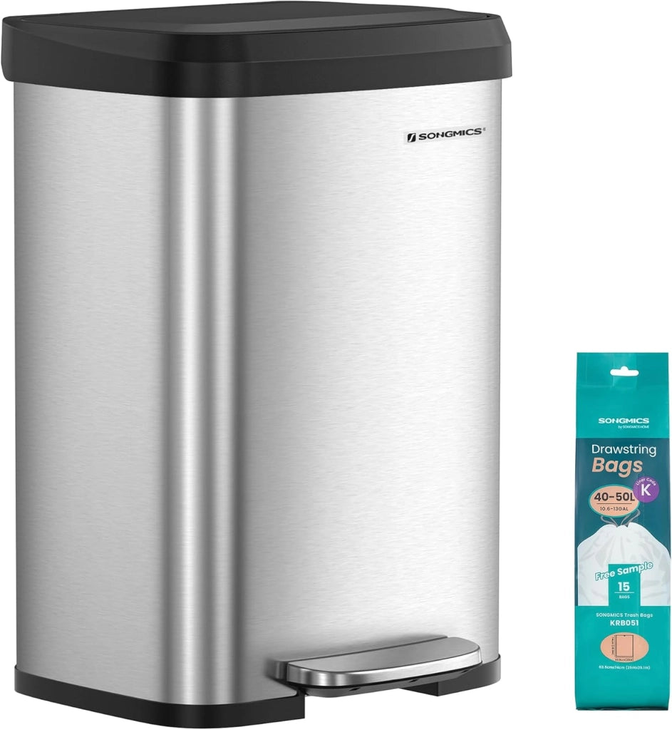 SONGMICS Cestino da Cucina, Pattumiera per Rifiuti da 50 L, Cestino a Pedale in Metallo con Coperchio, Alto e Grande, Nero LTB530B5002