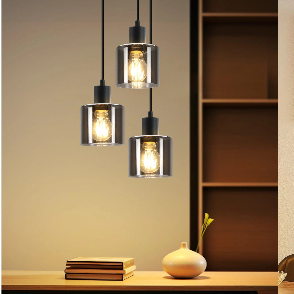 Lampada a Sospensione ZMH vetro nero E27 diametro 26 cm vintage industriale regolabile per soggiorno