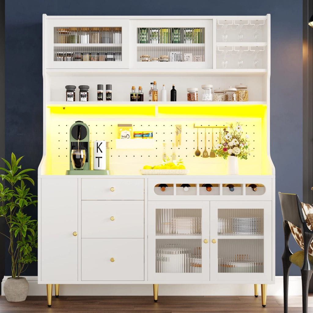 Credenza Alta da Cucina con Ante Scorrevoli in Vetro; Cassetto; Ripiani Regolabili; LED; Portabicchieri; Bianco 145x39x171 cm
