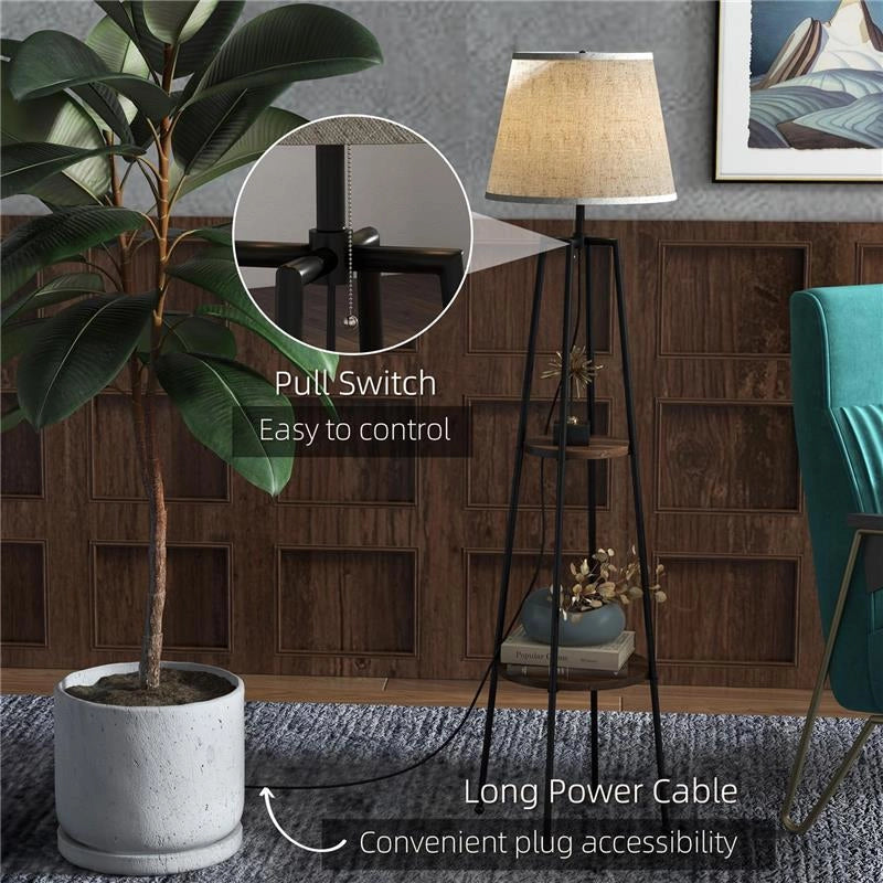 LAMPADA DA TERRA A 2 RIPIANI IN METALLO E MDF CON PARALUME IN TESSUTO, Ï42X166 CM, NERO E MARRONE