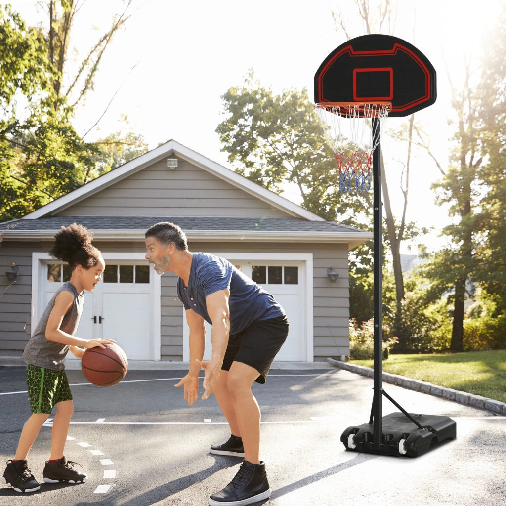Canestro da basket regolabile con supporto, ruote e struttura in acciaio, nero