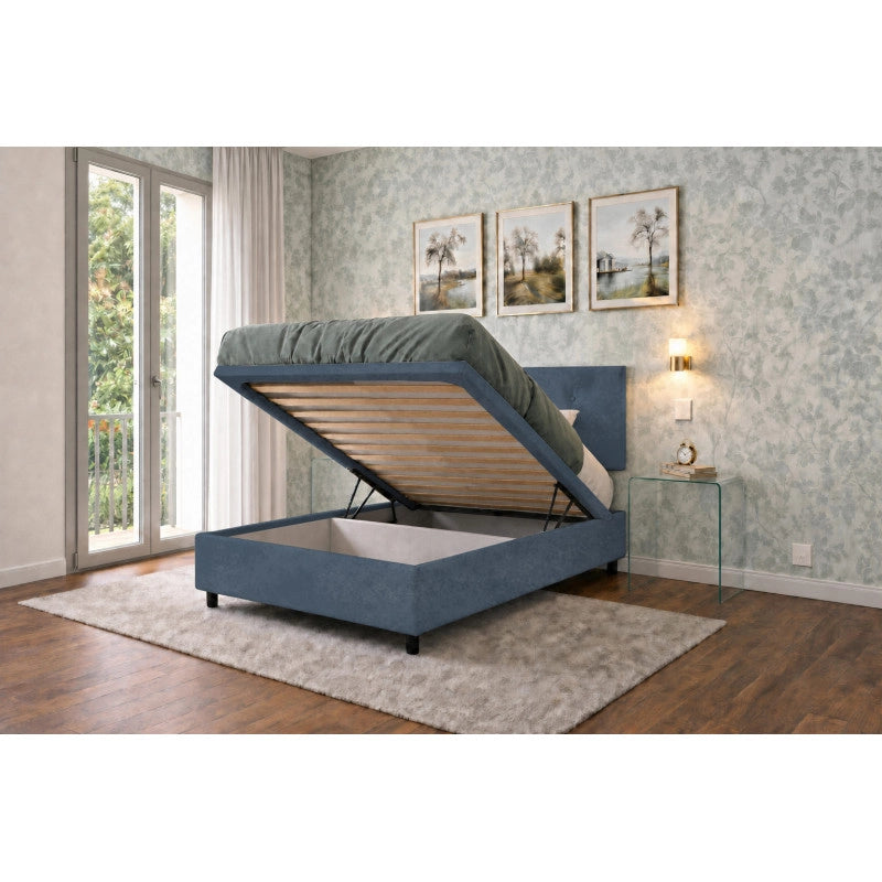 Letto imbottito Singolo 80x190 cm Button - Contenitore,Microfibra,Blu