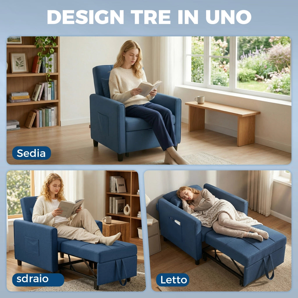 Poltrona Letto Pieghevole 69x82x85 cm con Schienale Regolabile e Cuscino in Tessuto Effetto Lino Blu