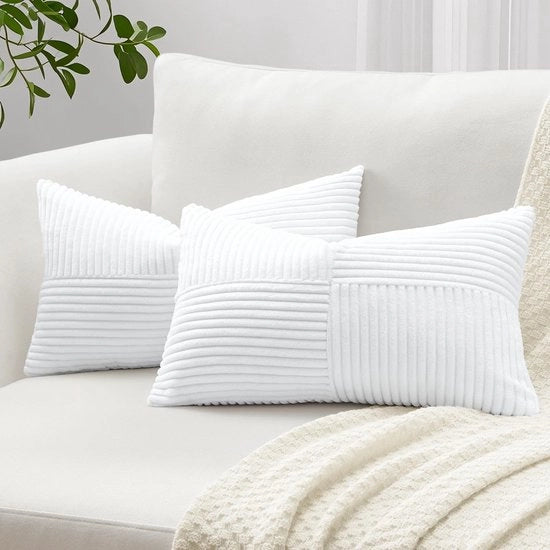 Set di 2 coprisacco di corduroy a crociera, tessuto corduroy coprisacco di divano coprisacco decorativo disegno patchwork coprisacco decorativo coprisacco per salotto (40x60cm, bianco)