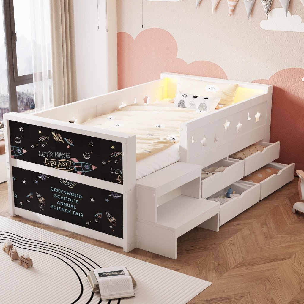 Letto multifunzionale per bambini 90 x 200 cm bianco con LED, lavagna e cassetti