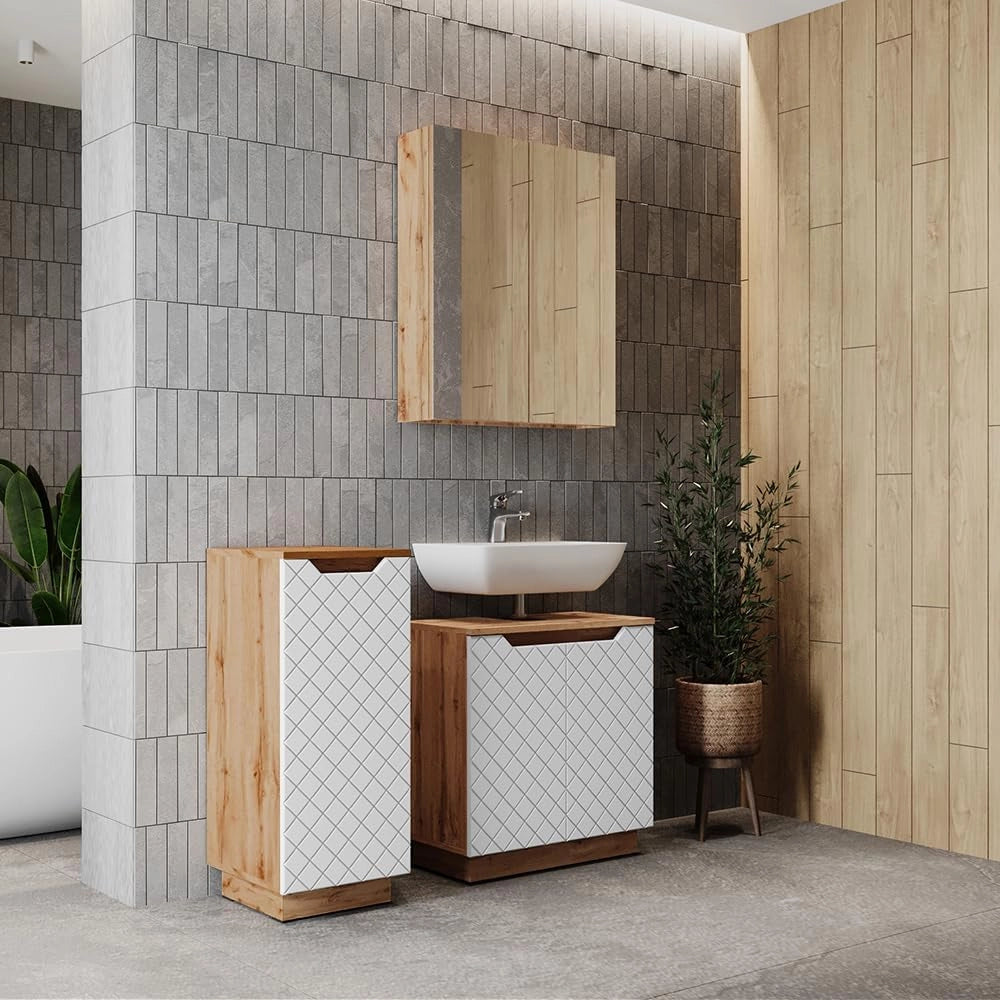 Set di mobili da bagno Lotta, Bianco, 59.8 cm, composto da mobile sottolavabo, specchiera e mobile medio