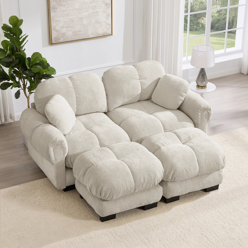 Divano modulare a U in ciniglia con cuscini trapuntati e ottomana mobile beige chiaro 190 × 149 × 90 cm