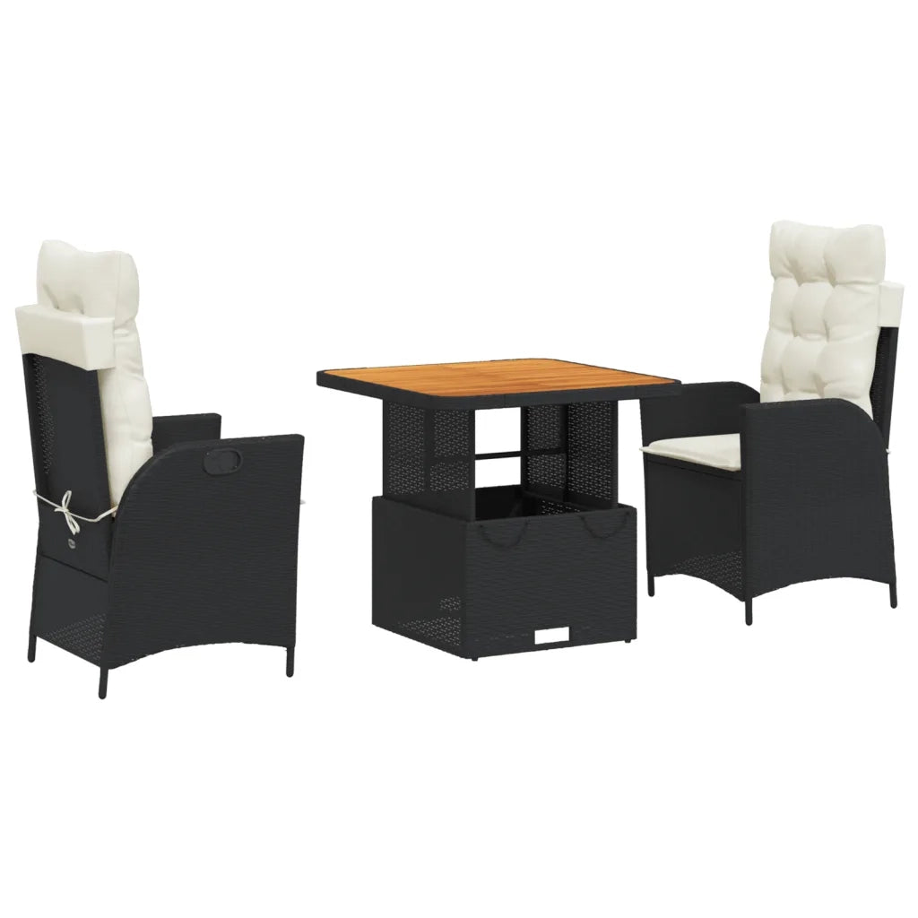 Set da Pranzo da Giardino 3 pz | Set Salotto da Giardino con Cuscini Nero in Polyrattan
