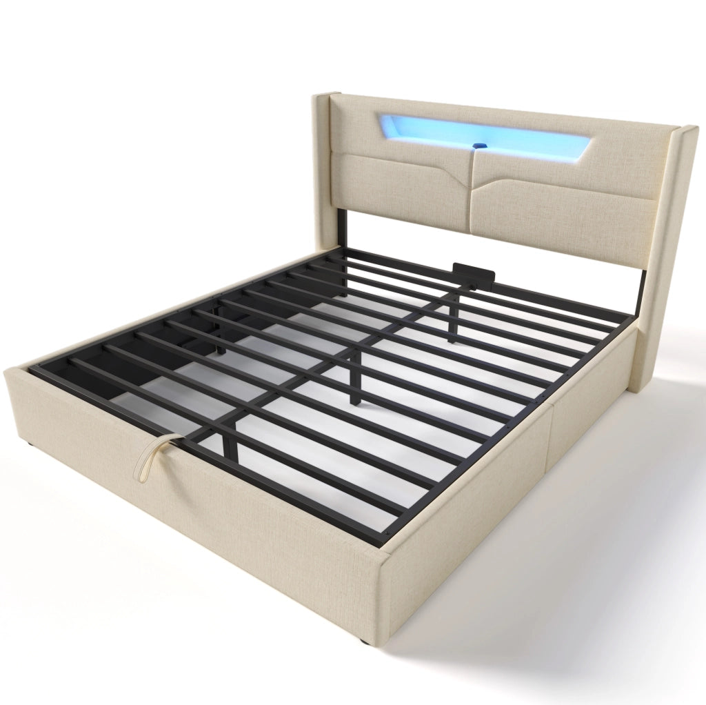 Letto matrimoniale 160x200 cm in lino beige con LED; USB e Type C; contenitore con rete