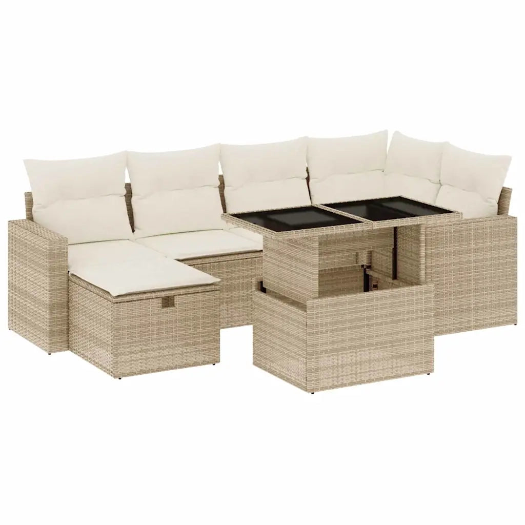 Set Divani da Giardino 7 pz con Cuscini Beige in Polyrattan