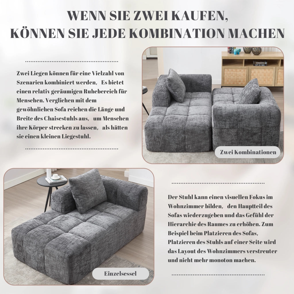 DIVANO Chaise longue 158x90x60 cm in Chenille Grigio con cuscino