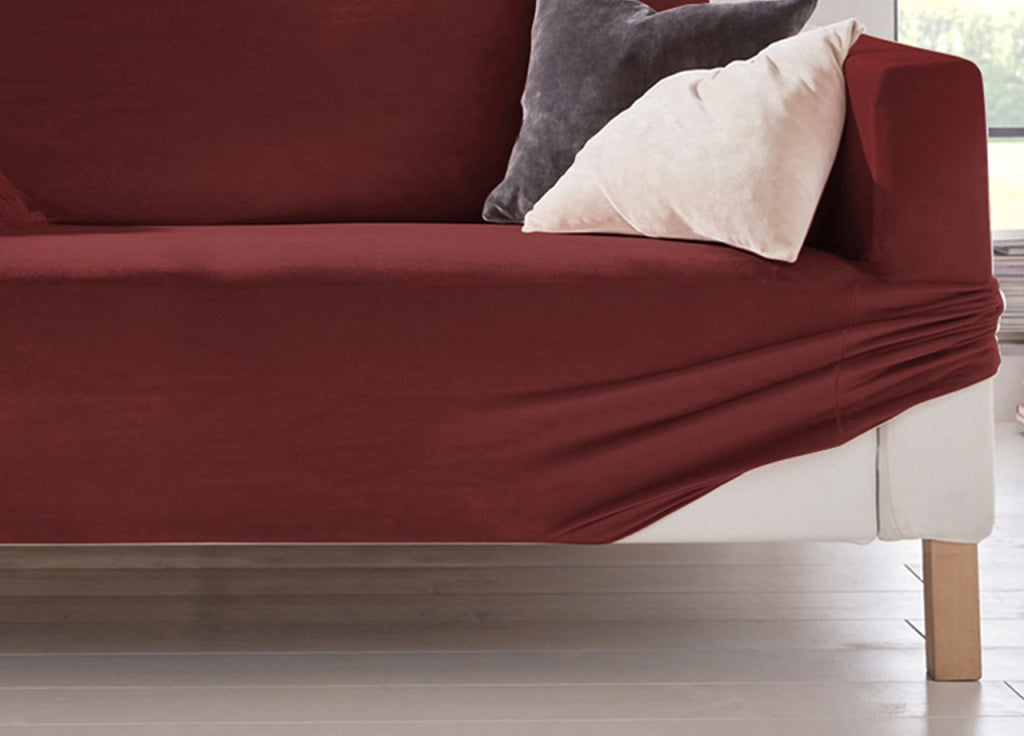 Copridivano Elasticizzato Effetto Velluto Modello Morbidissimo Colore Granata - Poltrona - Granata
