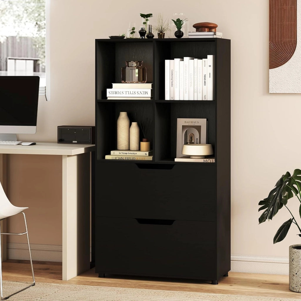 Libreria Scaffale in Legno con 4 Cubi e 2 Cassetti, Libreria Chiusa con Dispositivo Antiribaltamento, Mobile per Soggiorno, Ufficio, Camera da Letto, 70 x 33,5 x 130 cm (Nero)