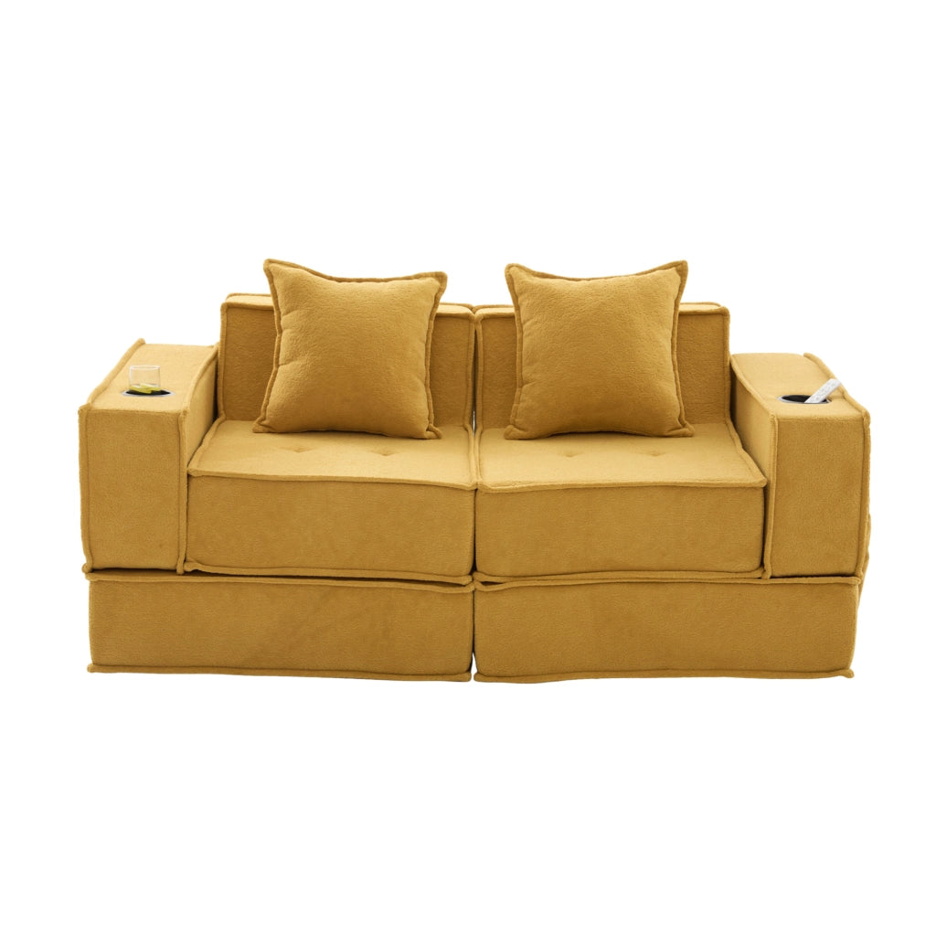 Divano pouf modulare in ciniglia giallo senape con tasche laterali