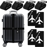 Set di cinture per bagaglio da 8 pezzi - 4 cinture per valigia regolabili - 4 etichette per bagaglio in silicone con carte d'identità - cinture per bagaglio - cinture per valigia - cinture per bagaglio - accessori per viaggi - Nero