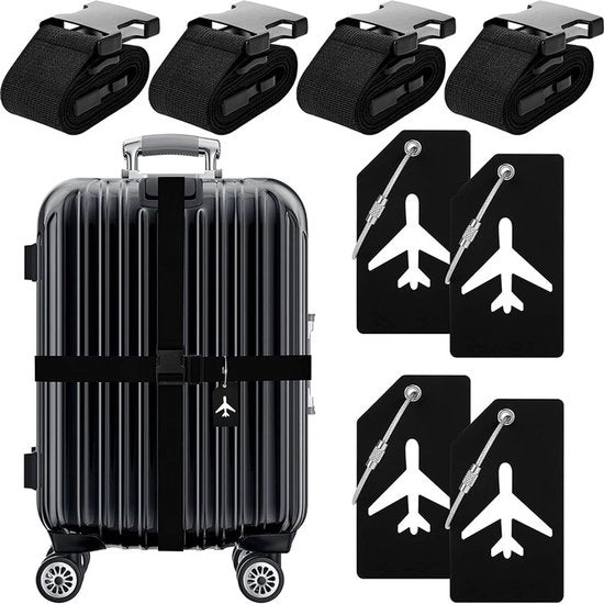 Set di cinture per bagaglio da 8 pezzi - 4 cinture per valigia regolabili - 4 etichette per bagaglio in silicone con carte d'identità - cinture per bagaglio - cinture per valigia - cinture per bagaglio - accessori per viaggi - Nero