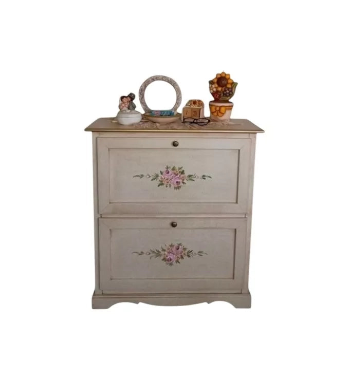 Scarpiera 2 ante ribalta legno shabby avorio anticato filo oro 79x30x90 - Mobili 2G