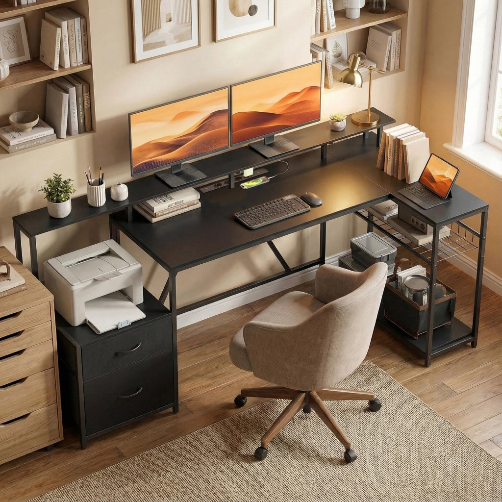 Scrivania da Gaming Angolare 192,5x80x86,5 cm con Hub di Ricarica Luci LED e Supporto Monitor in Legno e Acciaio Nero