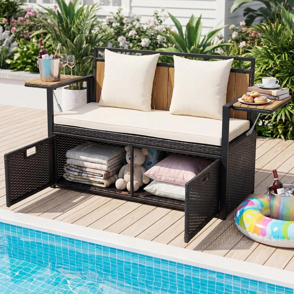 Panca da Giardino con Vano Contenitore, Panchina a 2 Posti in Rattan PE, con Tavolini Pieghevoli, Cuscini Imbottiti, per Esterno, Balcone, Terrazza, 120 x 51 x 82 cm, Portata 360 kg (Beige)