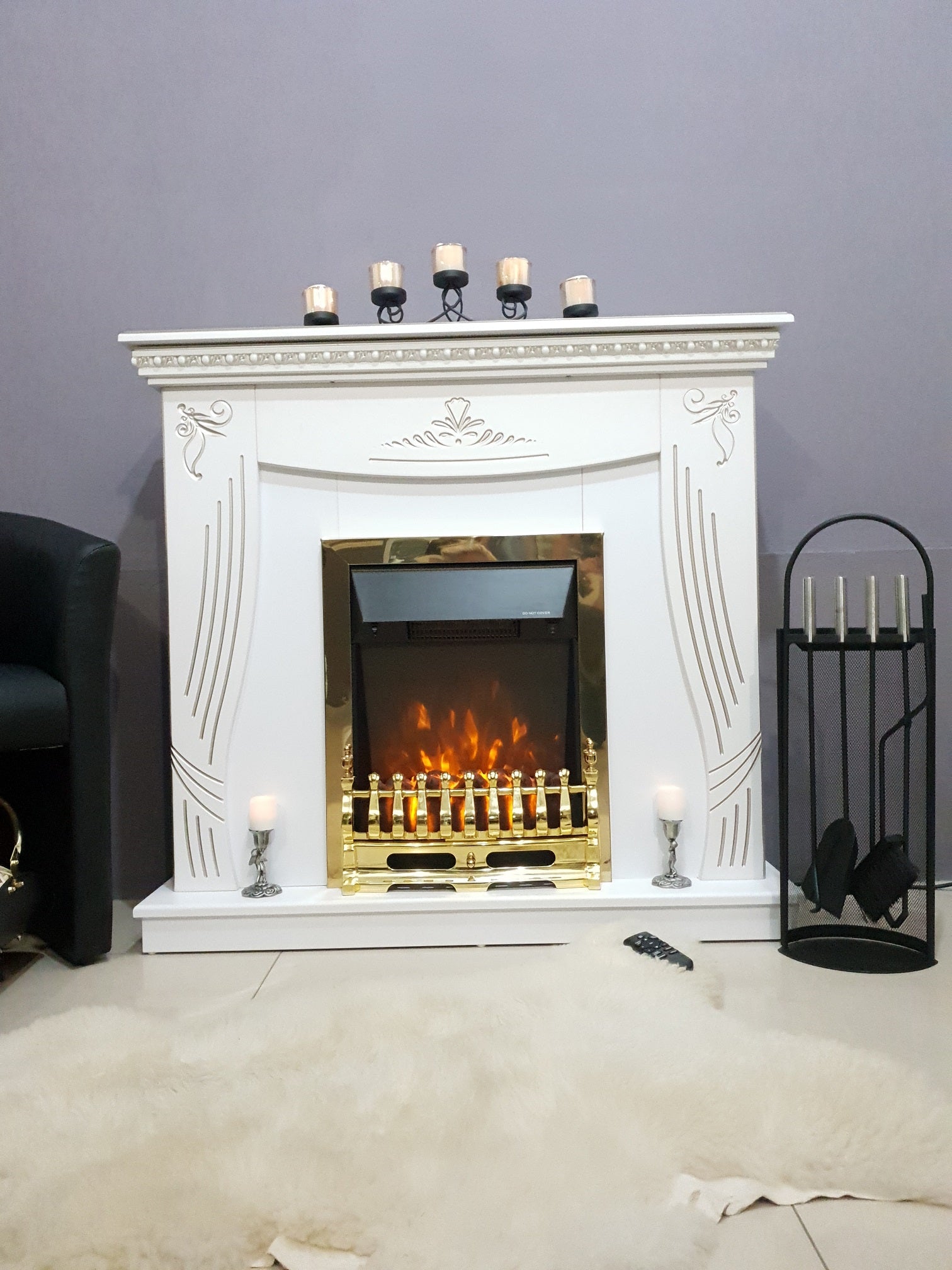 Camino Elettrico da Pavimento 103,5x110x30 cm Effetto Fiamma 2000W Napoli & Galileo Gold Bianco