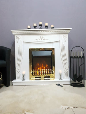 Camino Elettrico da Pavimento 103,5x110x30 cm Effetto Fiamma 2000W Napoli & Galileo Gold Bianco