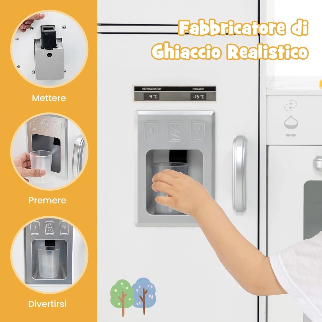 Set di Cucina Giocattolo per Bambini, con Suoni e Luci Divertenti, Lavabo, Forno a Microonde, Macchina del ghiaccio e Lavastoviglie, Lavagna, Ideale per Bambini 3 Anni+ (Bianco)