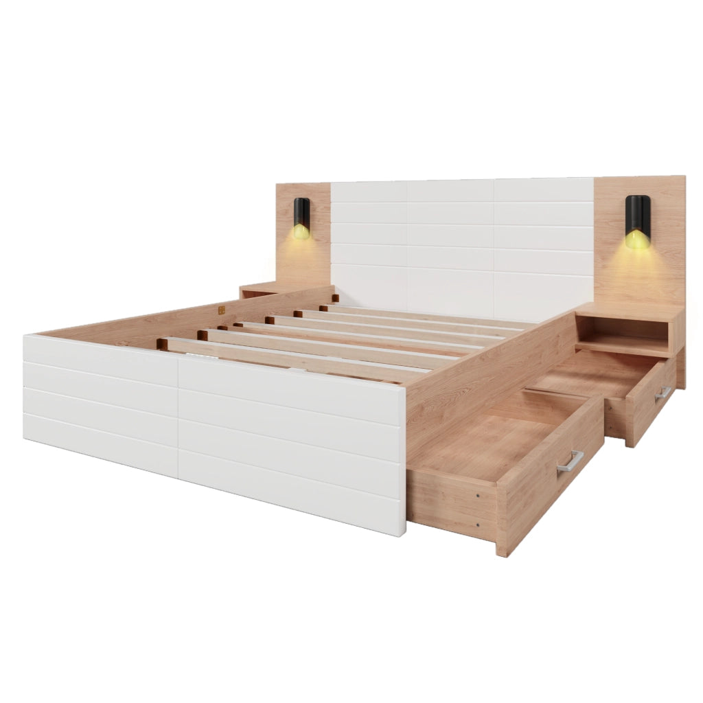 Letto matrimoniale 140x200 cm in legno con 2 cassetti, luci di lettura e USB, colore bianco e rovere