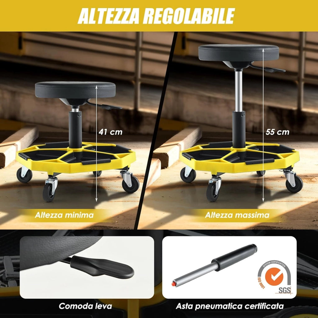 Sgabello da Officina con Ruote, con Ripiano per Attrezzi e Viti, Portata di 150 kg, Altezza Regolabile e Girevole, Sedia Meccanico per Garage, Officina (Giallo)