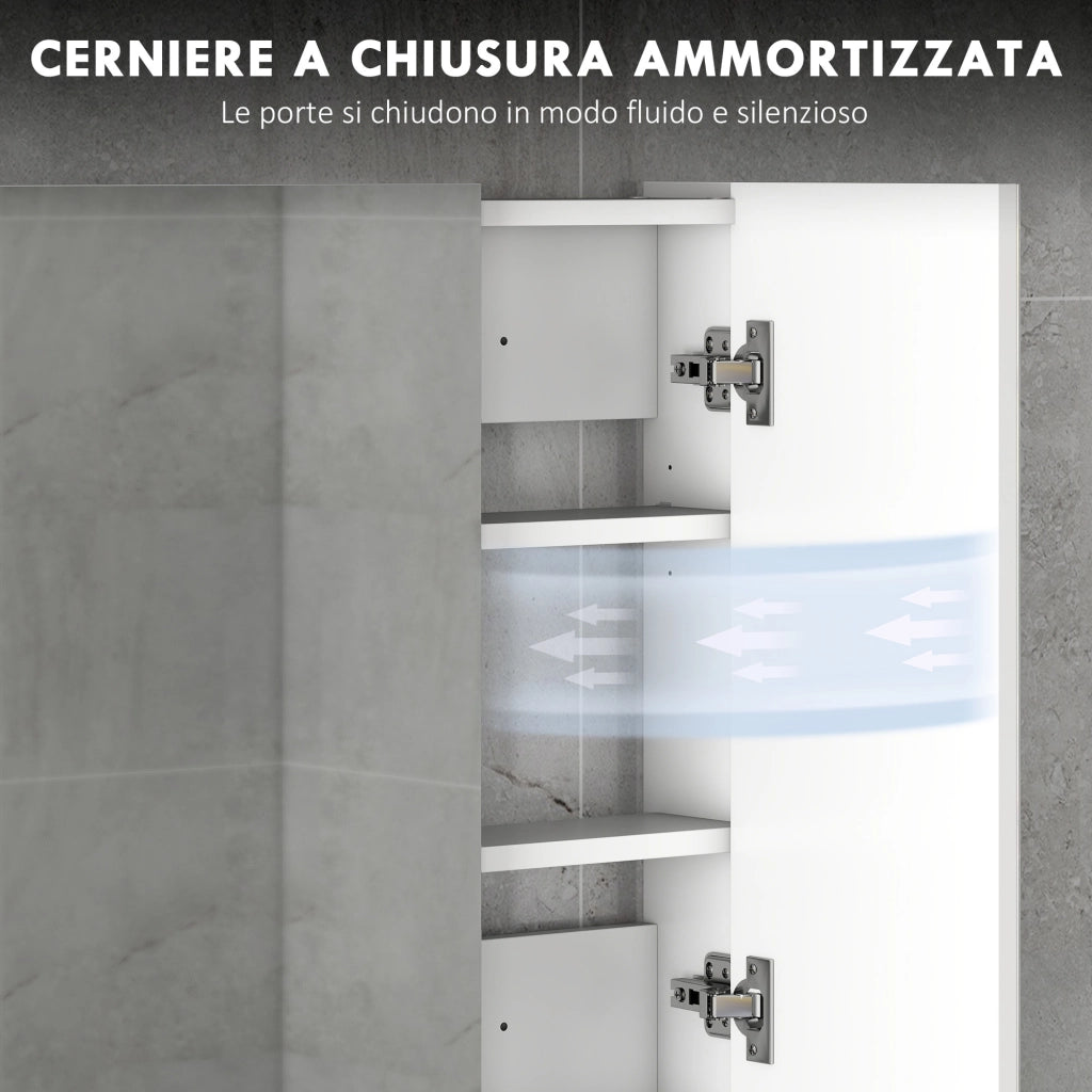 Armadietto Pensile Bagno con 3 Ante a Specchio e Ripiani Regolabili in Legno 90x13.5x60 cm, Bianco
