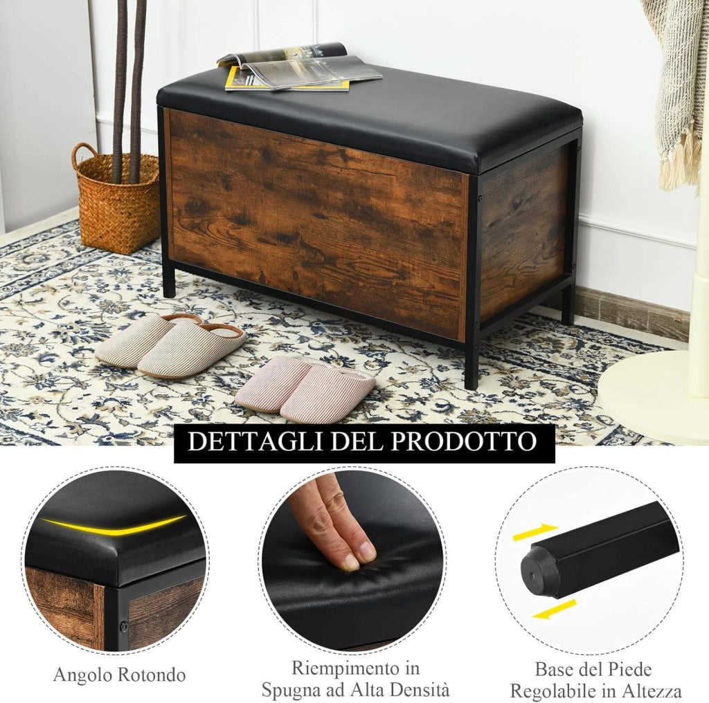 Cassapanca con Coperchio, Panca Contenitore Imbottita da Ingresso, con Struttura in Ferro Resistente, per Ingresso Camera da Letto, 81x40,5x49,5 cm, Carico Massimo 150kg