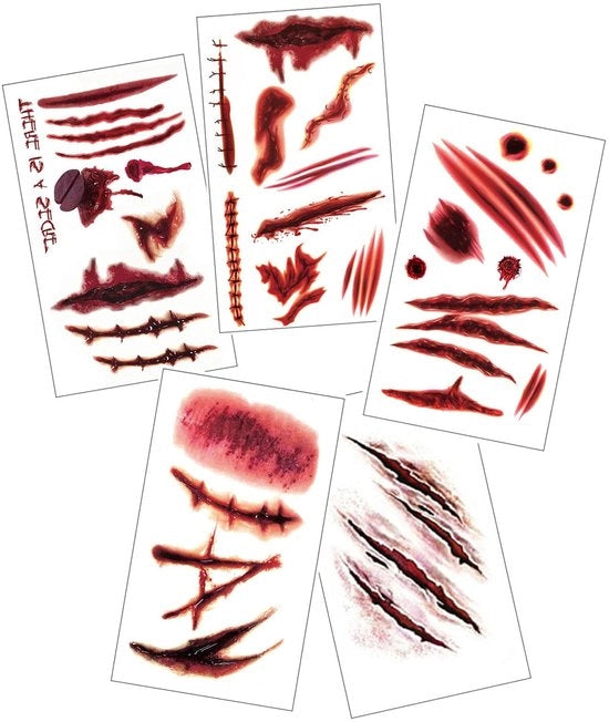 Accessori di trucco - Stickers per tatuaggi - 5 fogli - Simulazione di tatuaggi - Cicatrici/Litografie - Effetto Horror/Bloed - Realistico