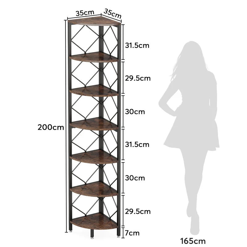 Scaffale angolare slim a 7 ripiani per piccoli spazi, design salvaspazio in metallo e legno, colore Nero/Marrone