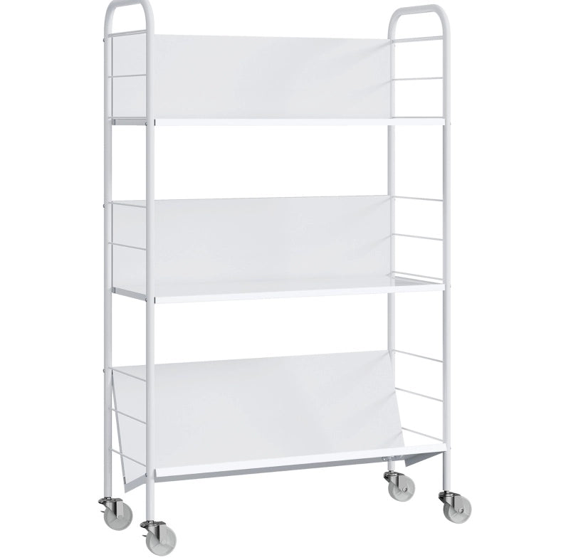 Libreria bianca 69x26x108 cm a 3 ripiani con ruote, struttura in metallo,