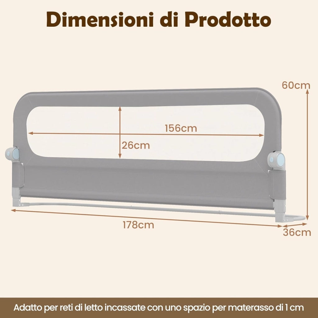 Sponda Letto per Bambini 80/120/150/180 cm, Barriera di Sicurezza per Neonati, Altezza Regolabile a 3 Livelli, Barriera Letto Pieghevole, con Cinghia di Sicurezza (180 cm,Grigio)