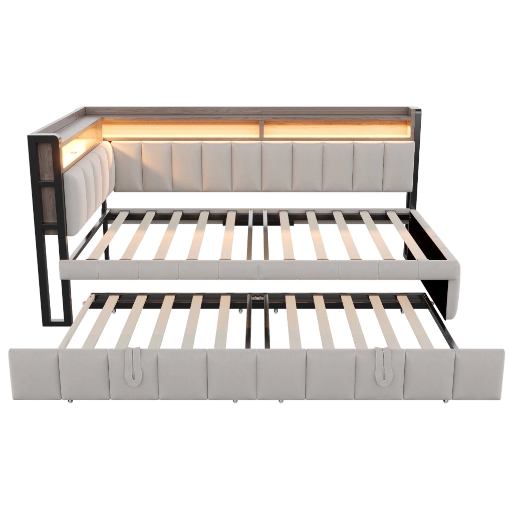 Divano letto 90x200 cm grigio velluto con LED, USB e vano portaoggetti