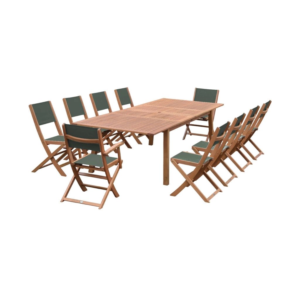 Set tavolo da giardino estensibile in legno con 10 sedie, marrone