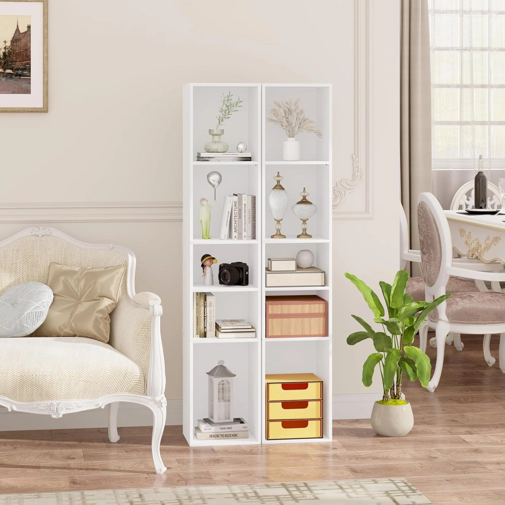 Libreria a 5 Scomparti Aperti, Libreria Verticale a Colonna, Scaffale Angolare Autoportante, per Soggiorno, Ufficio e Studio, in Truciolare, Bianco, 30x26x151cm, SK034ws
