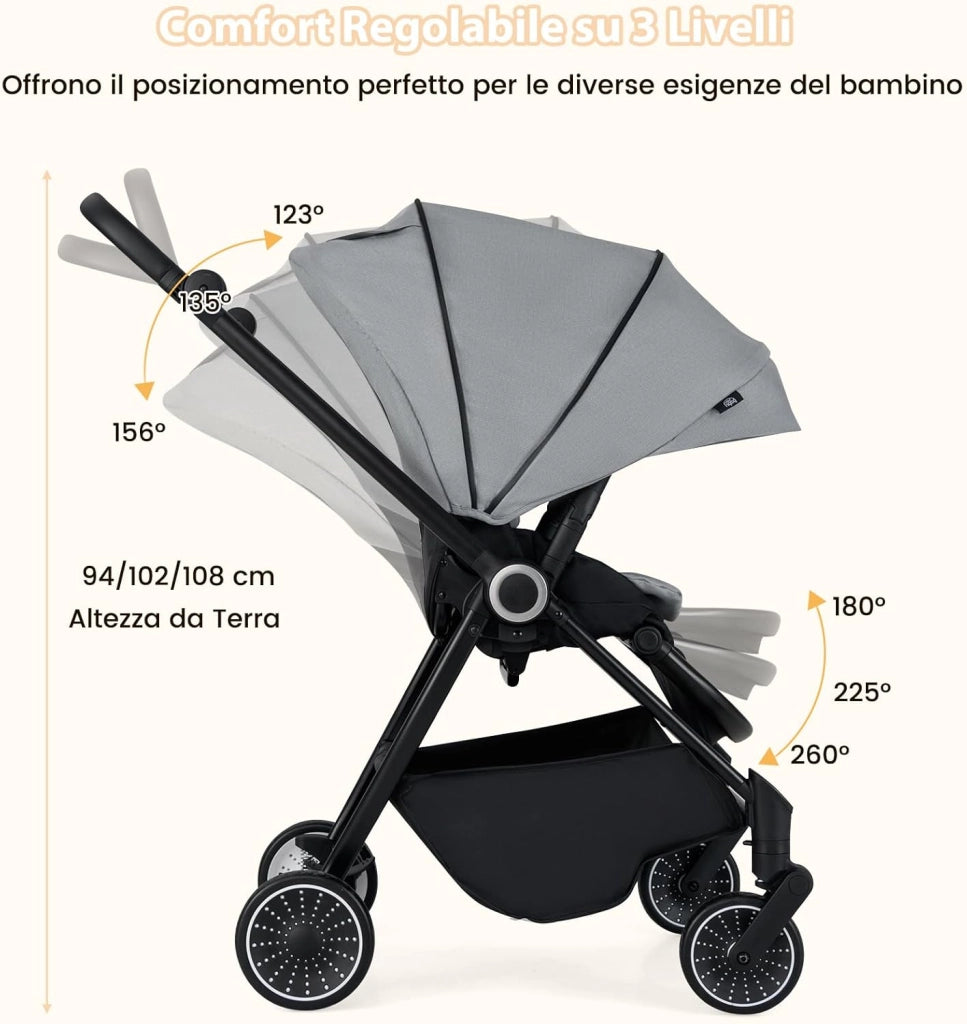Passeggino per Bambini Reversibile, Passeggino Pieghevole per Neonati con Schienale Reclinabile, Cappotta Regolabile, Cestello Portaoggetti, per Neonati 0-36 Mesi, Portata 15 kg (Grigio)