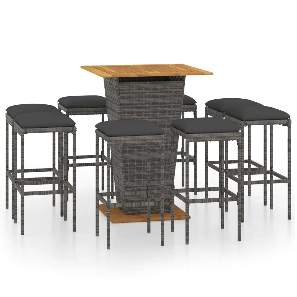 Set da Bar per Giardino 9 pz con Cuscini in Polyrattan Grigio 3064855